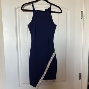 BCX Navy Asymmetrical Dress with Silver Detail